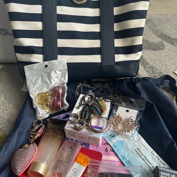 Michael Kors Navy and Cream Striped Tote stuffed with jewelry and skincare - Picture 5 of 10